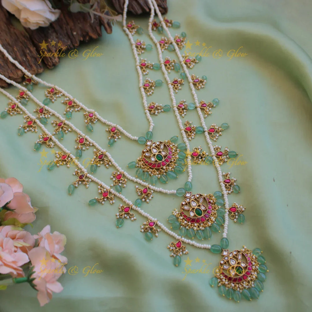 Stunning half moon floral design three layer pearl jadau haram with mint green beads - Sparkle and Glow