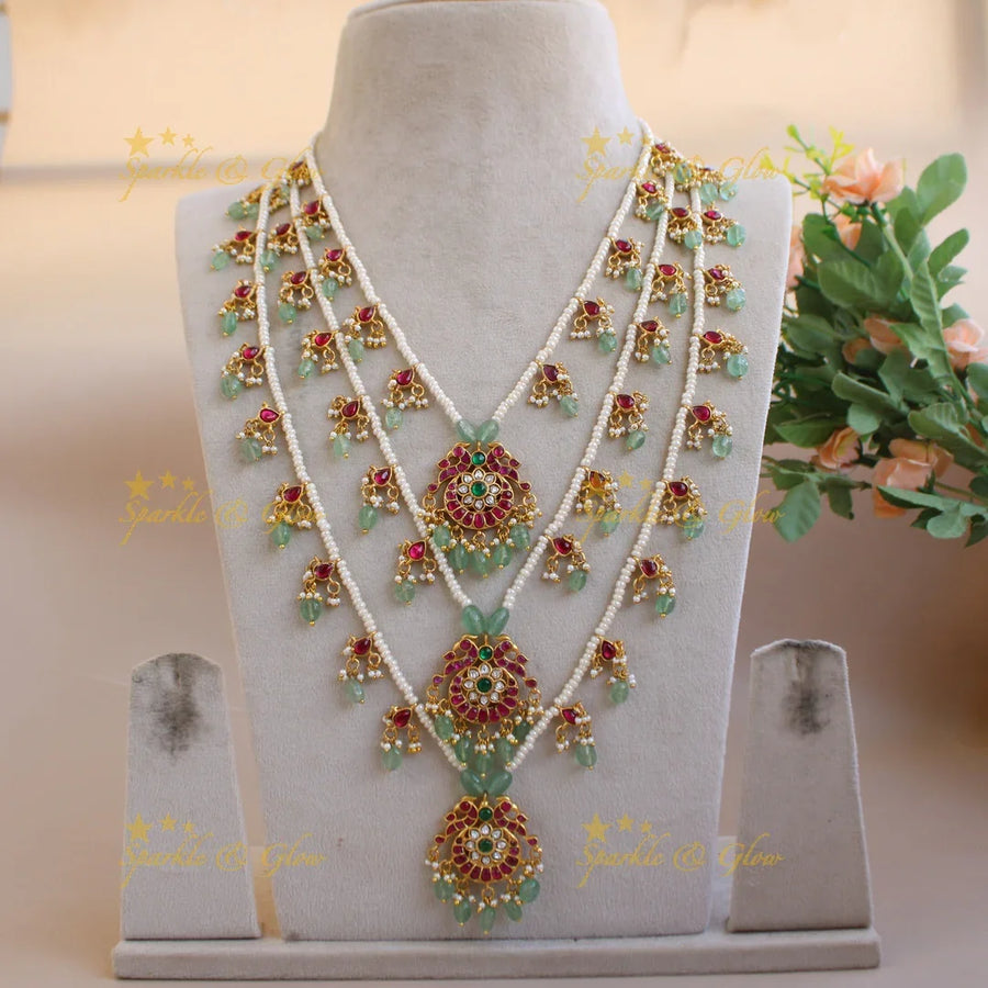 Elegant Peacock moon design three layer pearl jadau haram with mint green beads - Sparkle and Glow