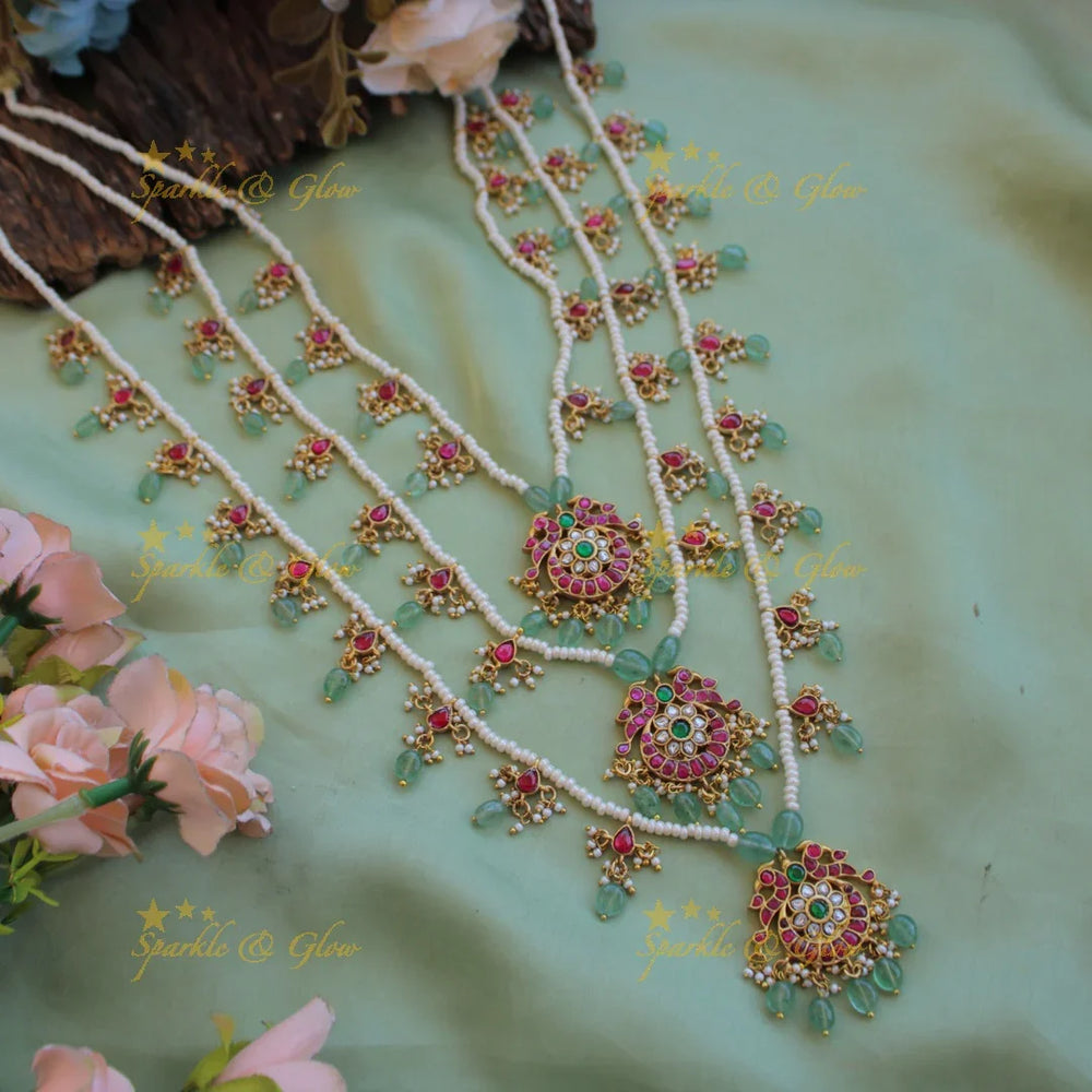 Elegant Peacock moon design three layer pearl jadau haram with mint green beads - Sparkle and Glow