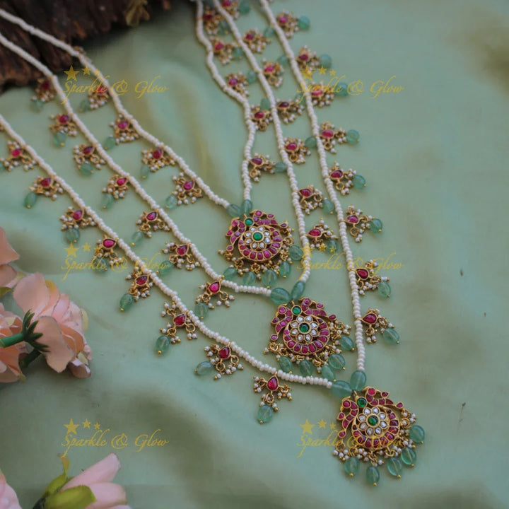 Elegant Peacock moon design three layer pearl jadau haram with mint green beads - Sparkle and Glow