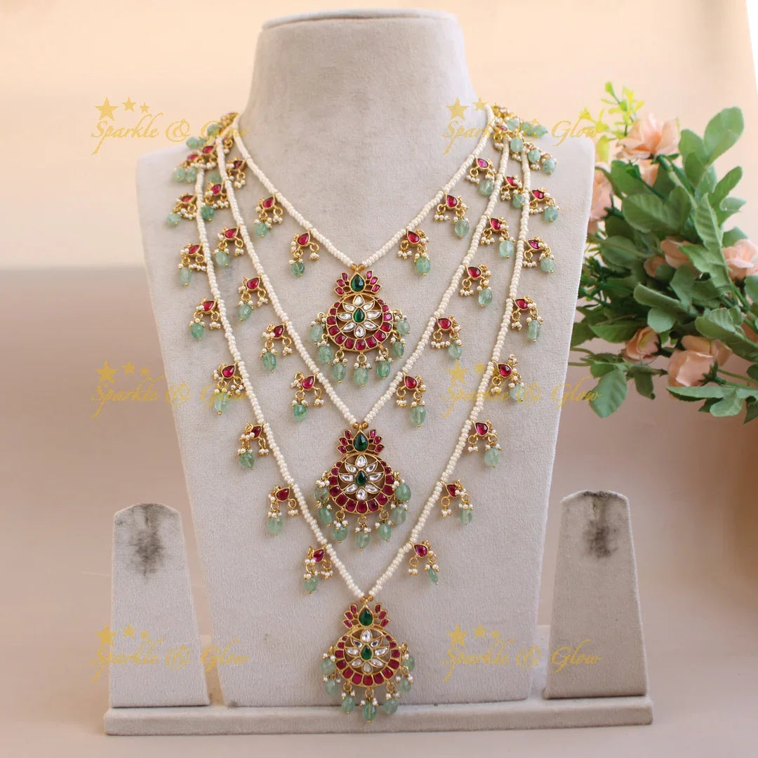 Gorgeous Moon lotus design three layer pearl jadau haram with mint green beads - Sparkle and Glow