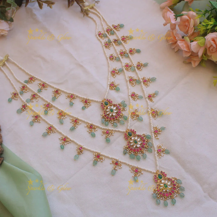 Gorgeous Moon lotus design three layer pearl jadau haram with mint green beads - Sparkle and Glow