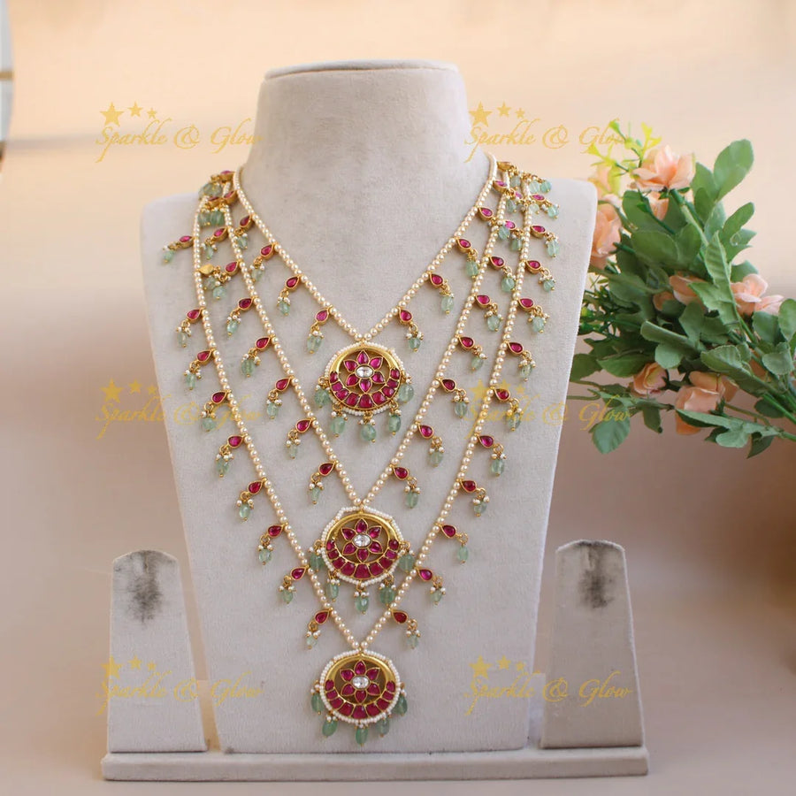 Exclusive Floral Moon design three layer pearl jadau haram with mint green beads - Sparkle and Glow