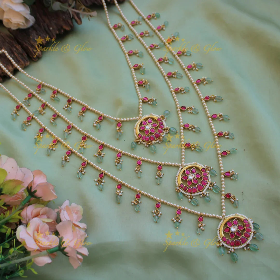 Exclusive Floral Moon design three layer pearl jadau haram with mint green beads - Sparkle and Glow