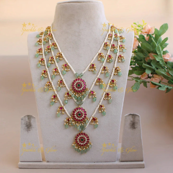 Grand Floral design three layer pearl jadau haram with mint green beads - Sparkle and Glow