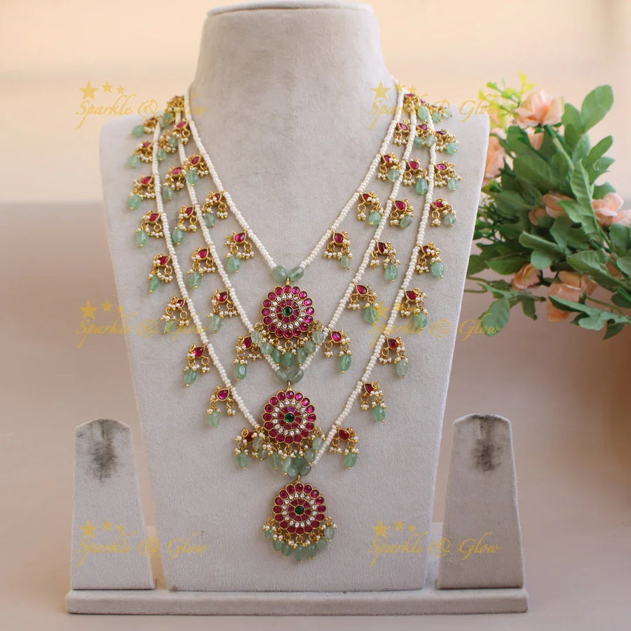 Grand Floral design three layer pearl jadau haram with mint green beads - Sparkle and Glow