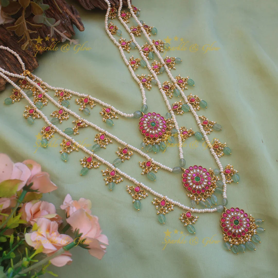 Grand Floral design three layer pearl jadau haram with mint green beads - Sparkle and Glow