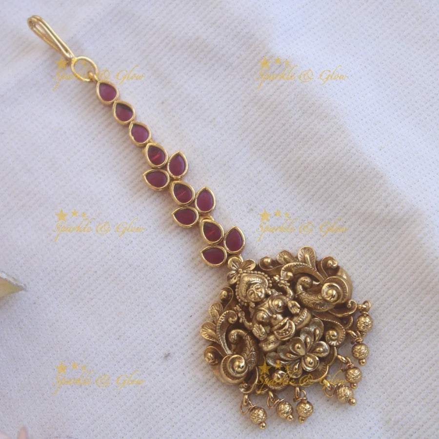 Elegant Gold alike Lakshmi peacock maang tikka with Gold beads - Sparkle and Glow