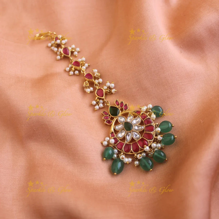 Beautiful floral jadau maang tikka with light Green beads - Sparkle and Glow