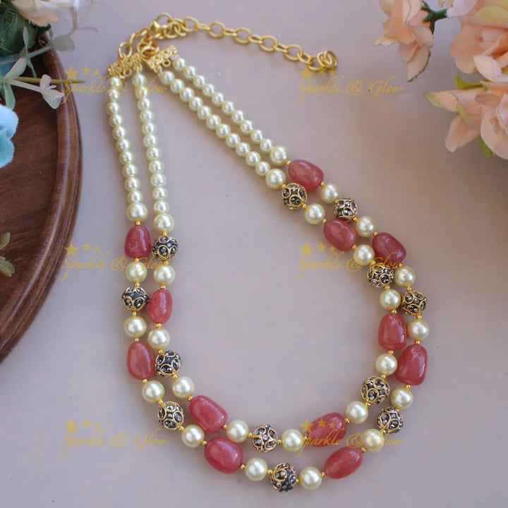 Elegant Two layer pearl and pink beads mid length haram - Sparkle and Glow