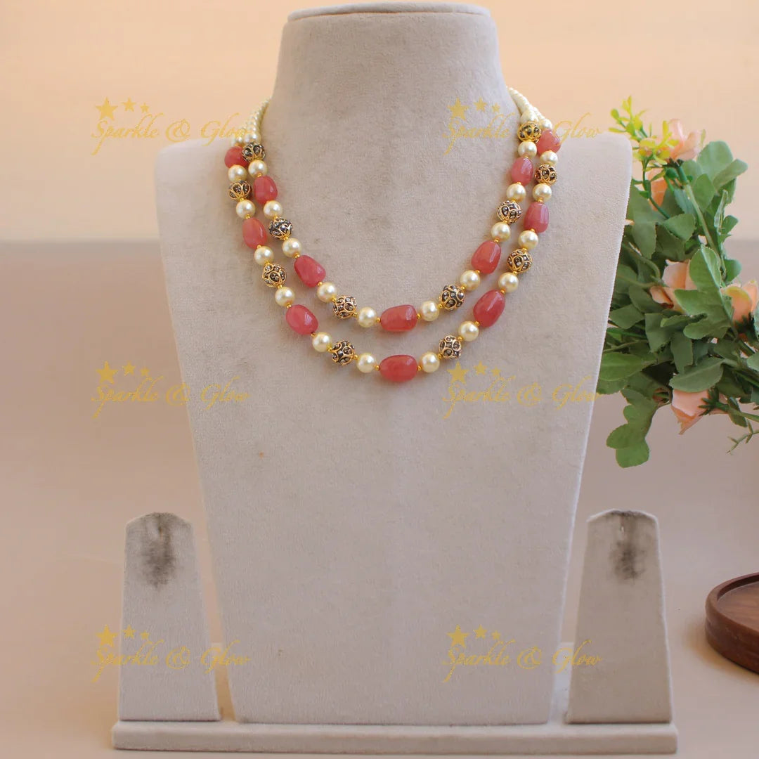 Elegant Two layer pearl and pink beads mid length haram - Sparkle and Glow