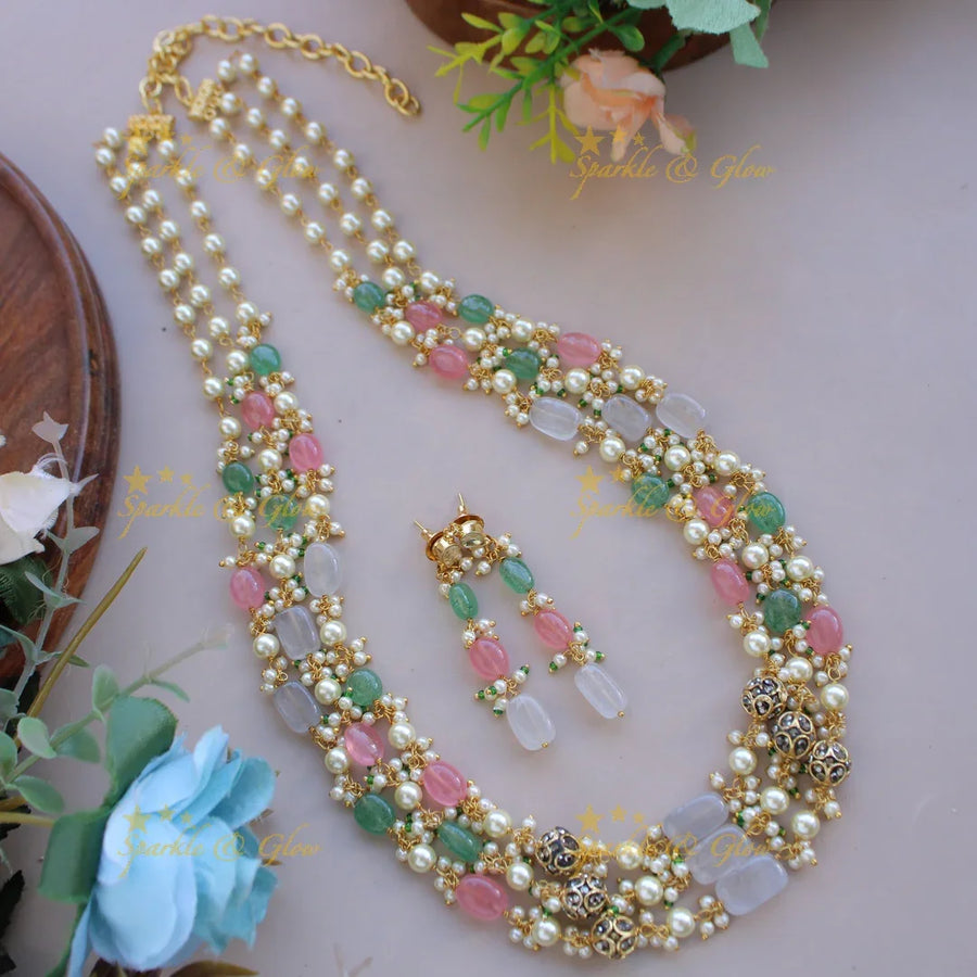 Stunning Three layer pearl and pastel beads haram with cluster pearl - Sparkle and Glow