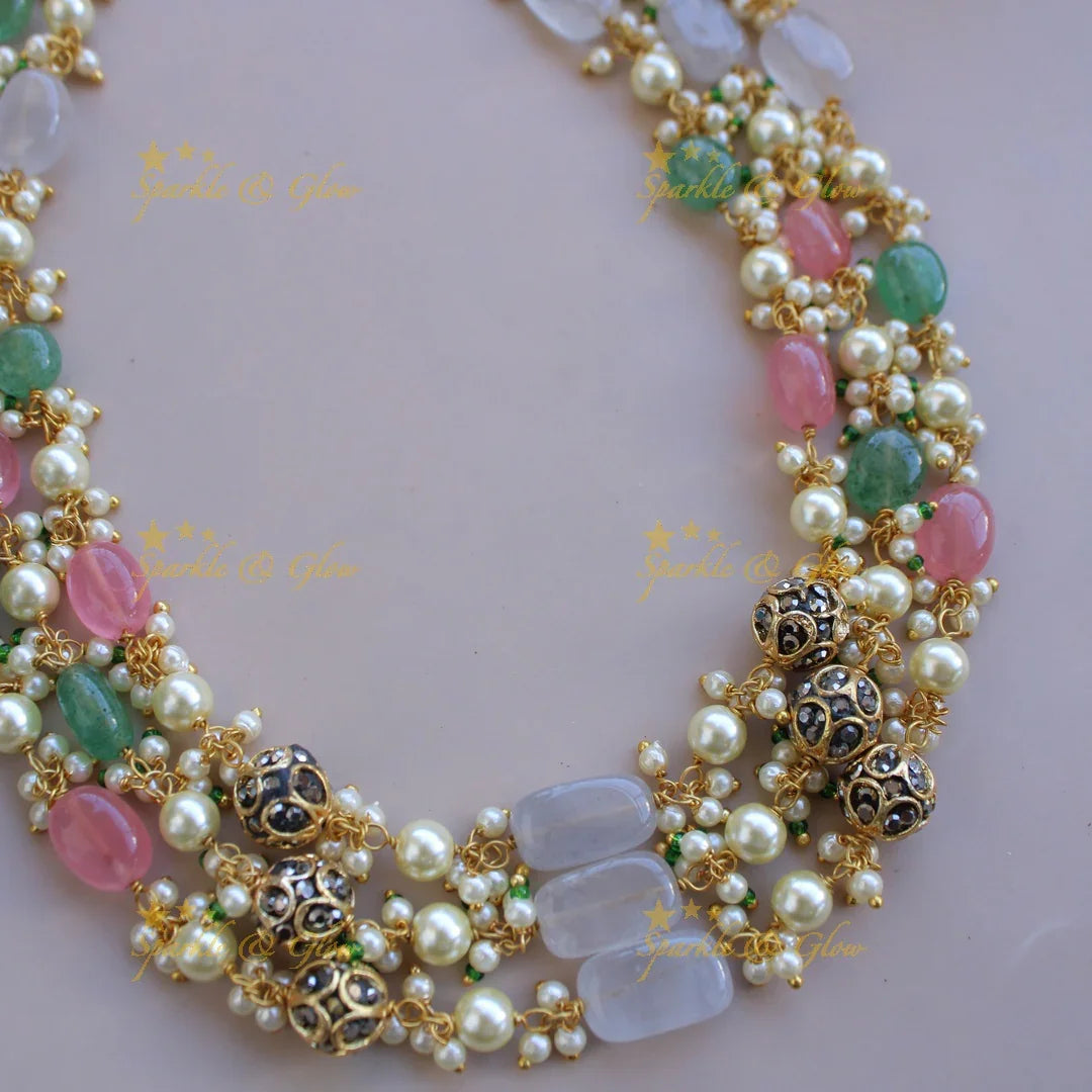 Stunning Three layer pearl and pastel beads haram with cluster pearl - Sparkle and Glow
