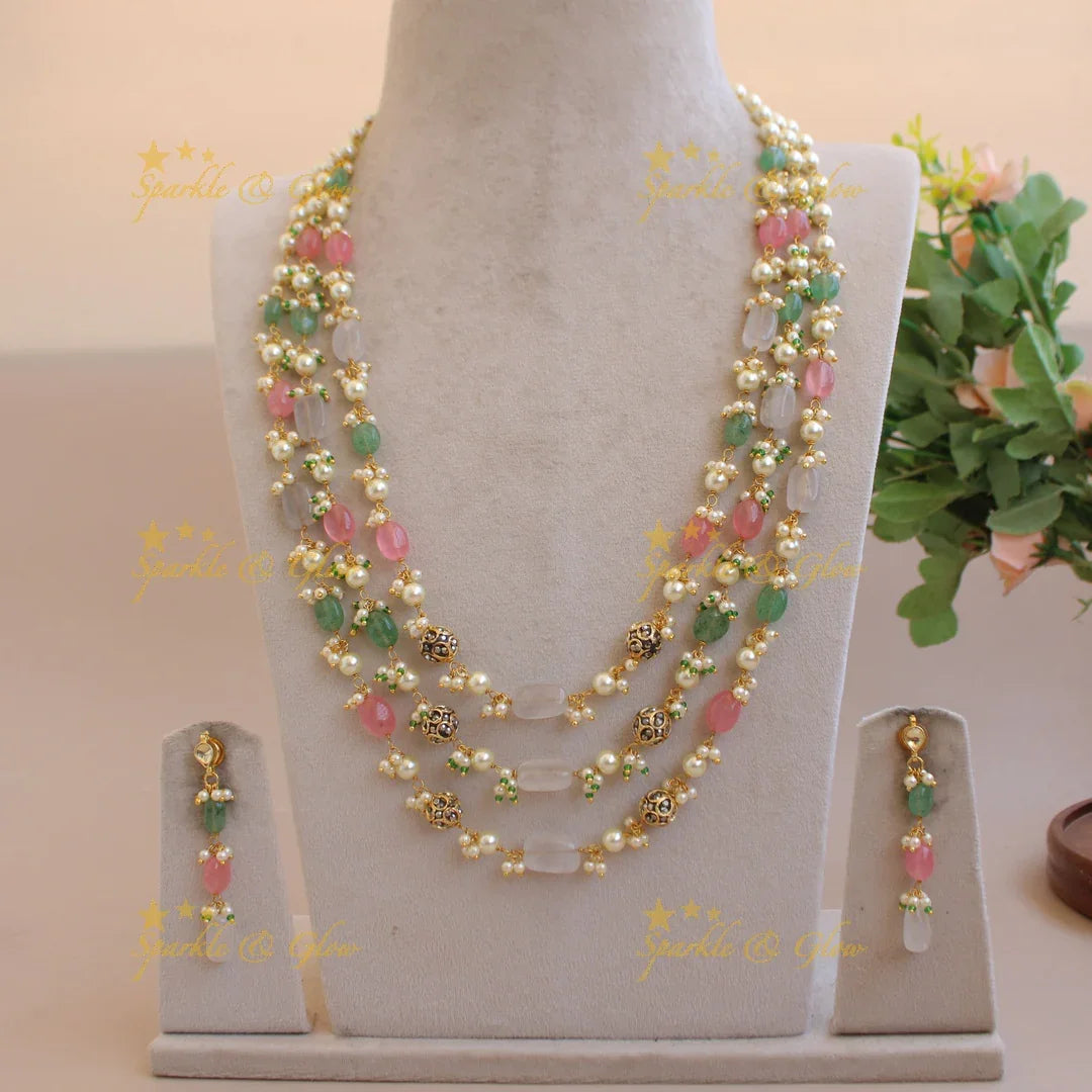 Stunning Three layer pearl and pastel beads haram with cluster pearl - Sparkle and Glow