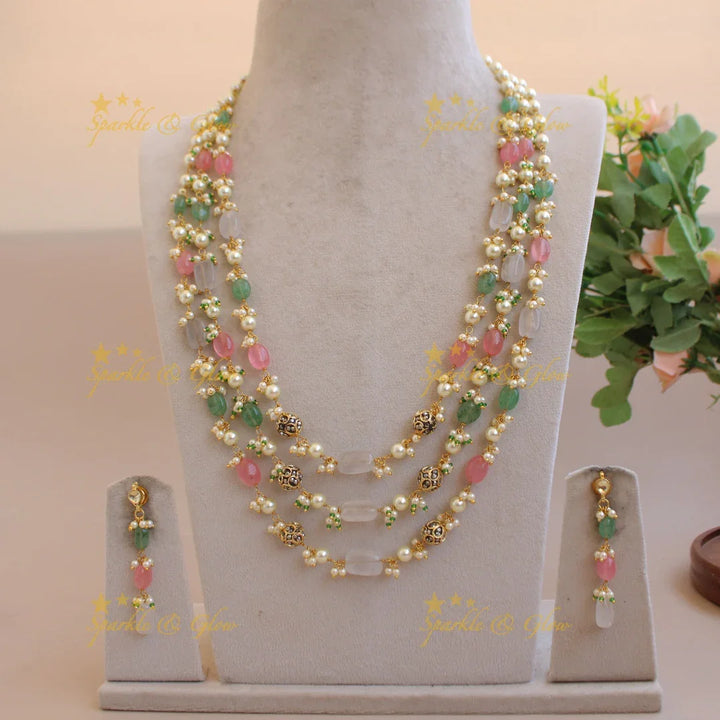 Stunning Three layer pearl and pastel beads haram with cluster pearl - Sparkle and Glow