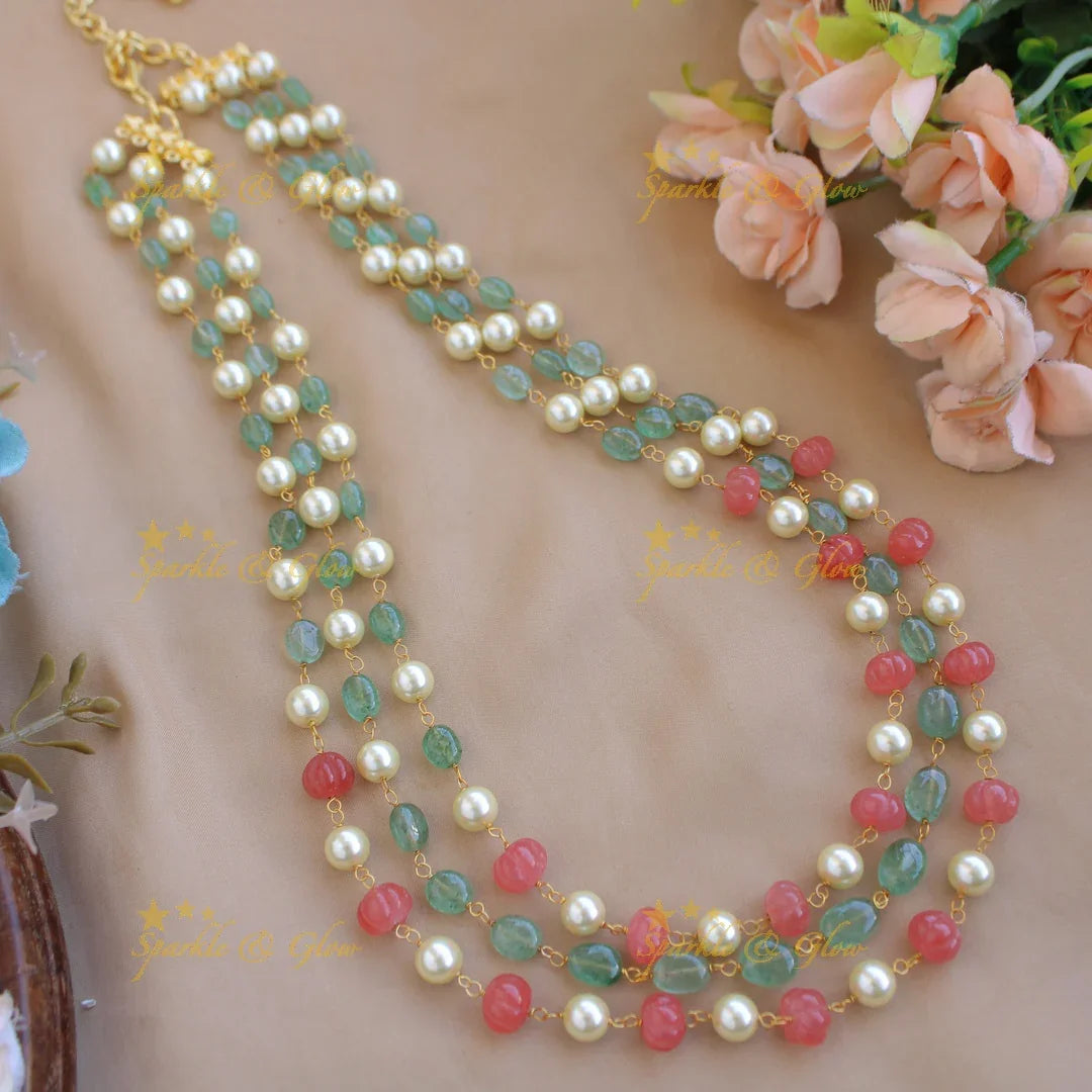 Statement Three layer pearl mint green and red pumpkin beads haram - Sparkle and Glow