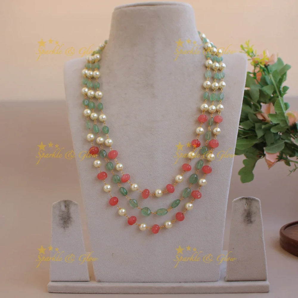 Statement Three layer pearl mint green and red pumpkin beads haram - Sparkle and Glow
