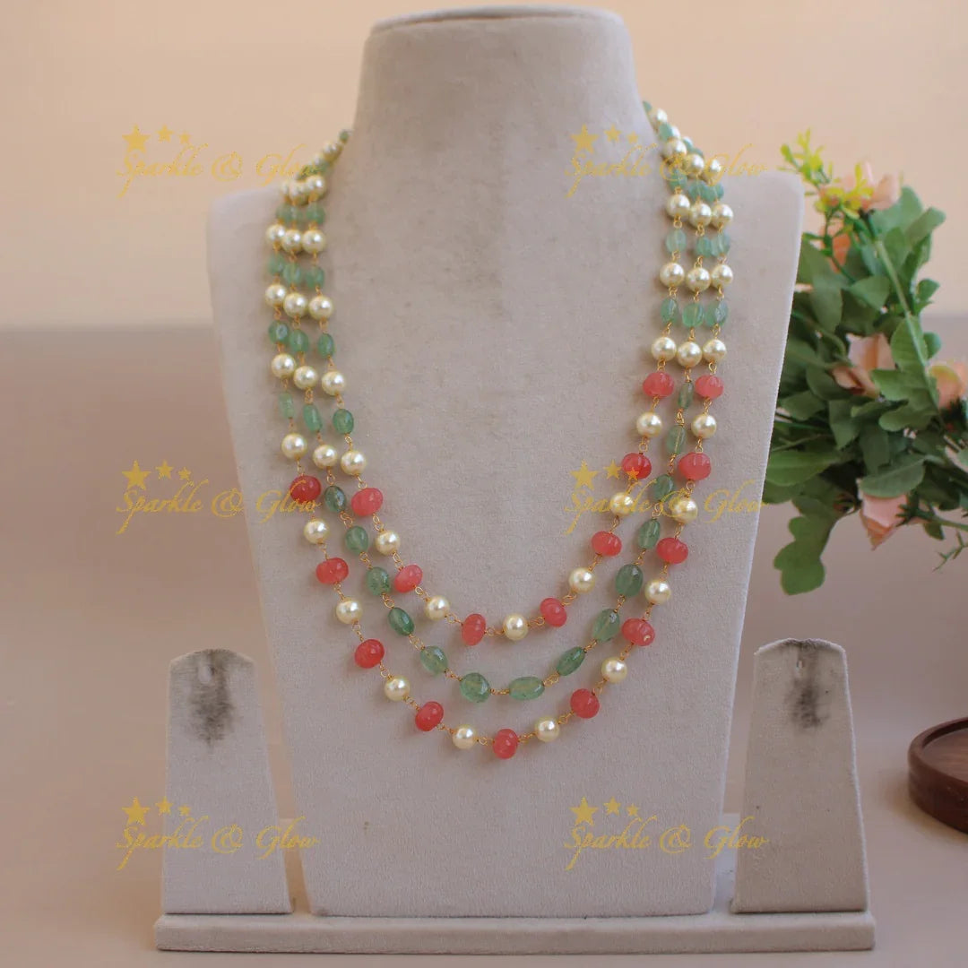 Statement Three layer pearl mint green and red pumpkin beads haram - Sparkle and Glow