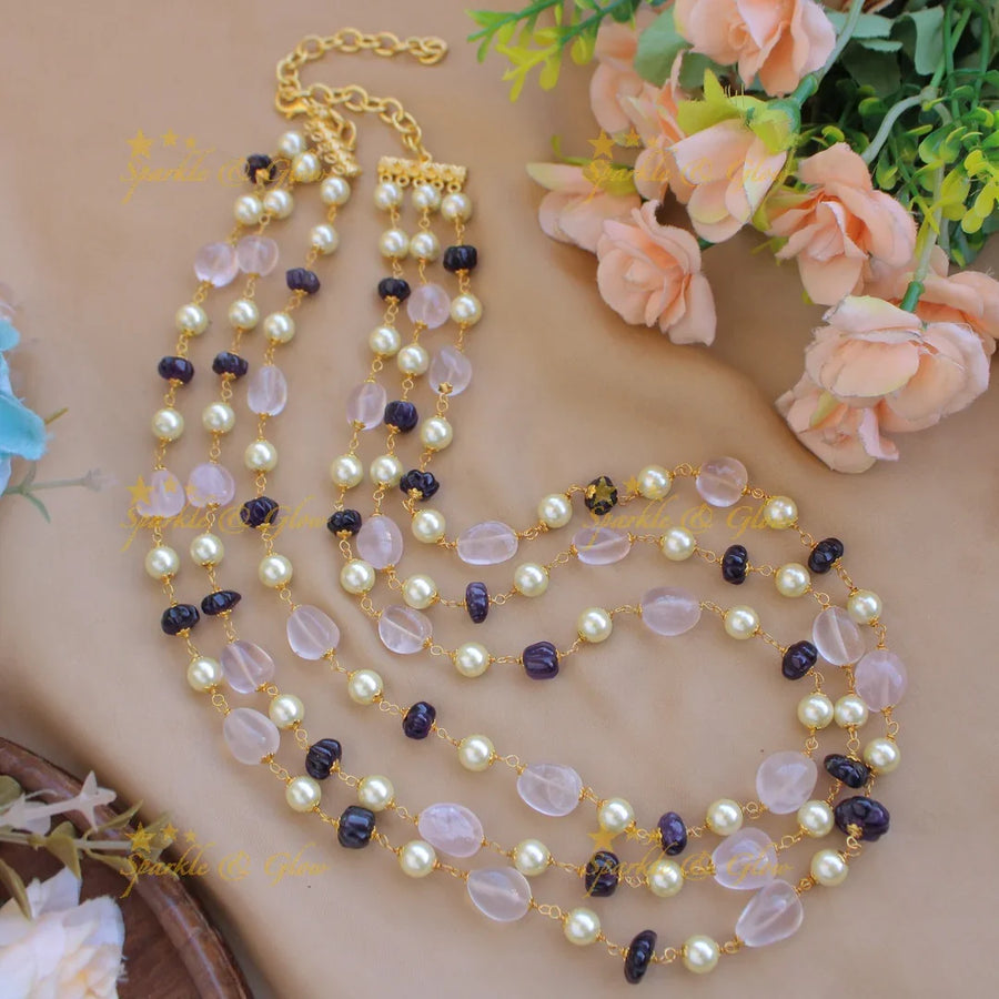 Elegant Three layer pearl white and blue pumpkin beads haram - Sparkle and Glow