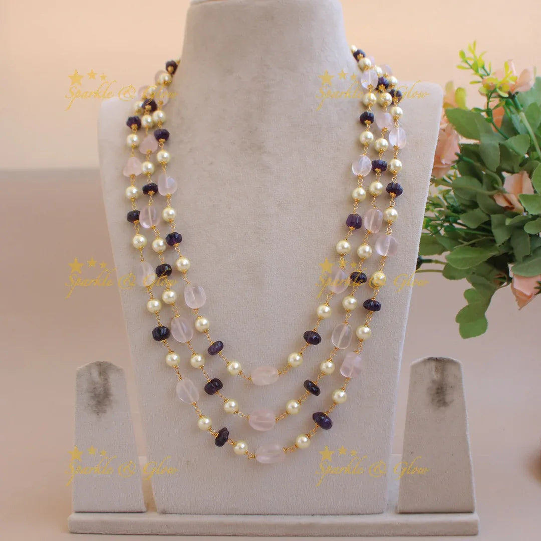 Elegant Three layer pearl white and blue pumpkin beads haram - Sparkle and Glow