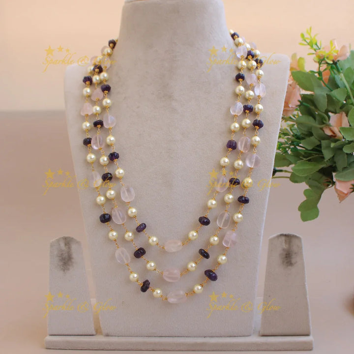 Elegant Three layer pearl white and blue pumpkin beads haram - Sparkle and Glow