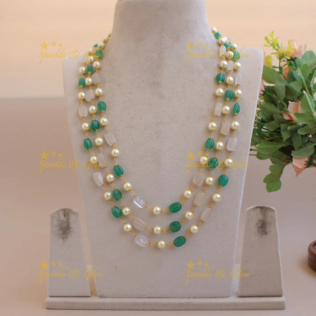 Beautiful Three layer pearl white and green green beads haram - Sparkle and Glow