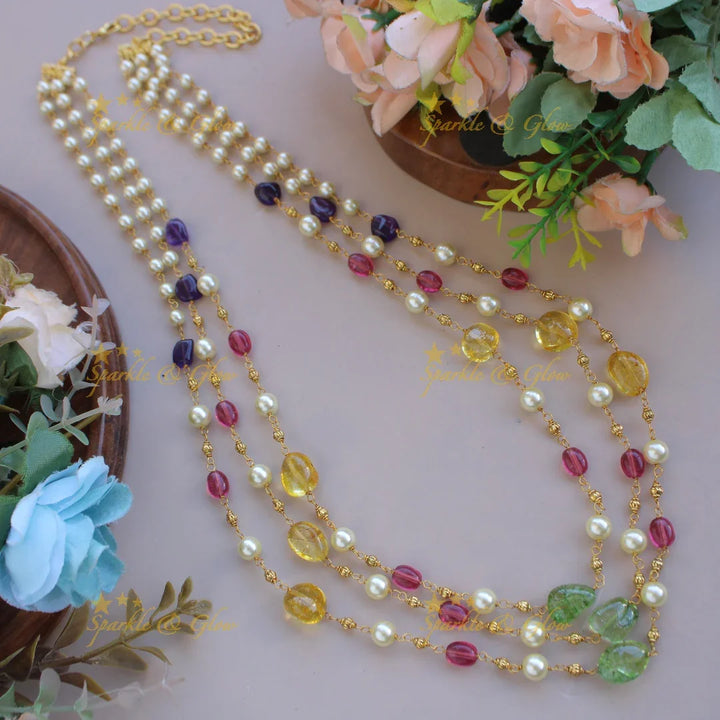 Gorgeous Three layer pearl gold and multi colour beads haram - Sparkle and Glow