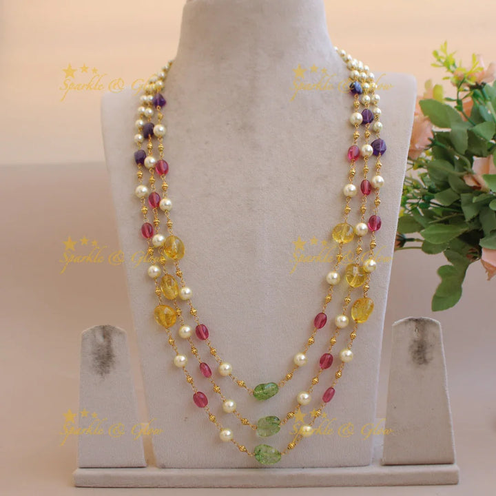 Gorgeous Three layer pearl gold and multi colour beads haram - Sparkle and Glow