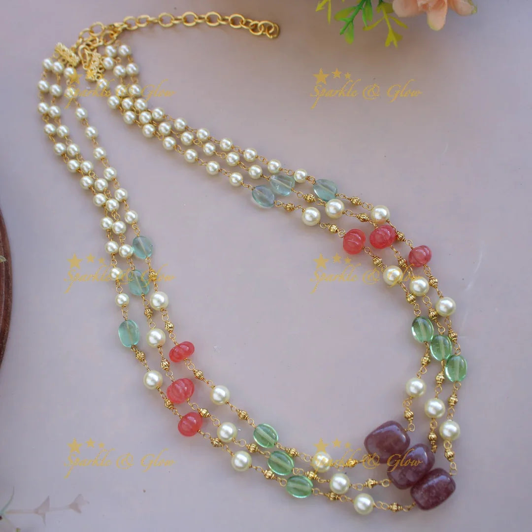 Grand Three layer pearl gold and multi colour beads haram with red pumpkin beads - Sparkle and Glow