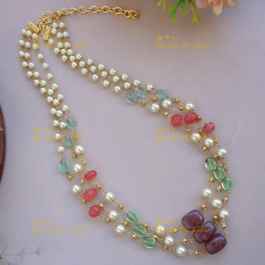 Grand Three layer pearl gold and multi colour beads haram with red pumpkin beads - Sparkle and Glow