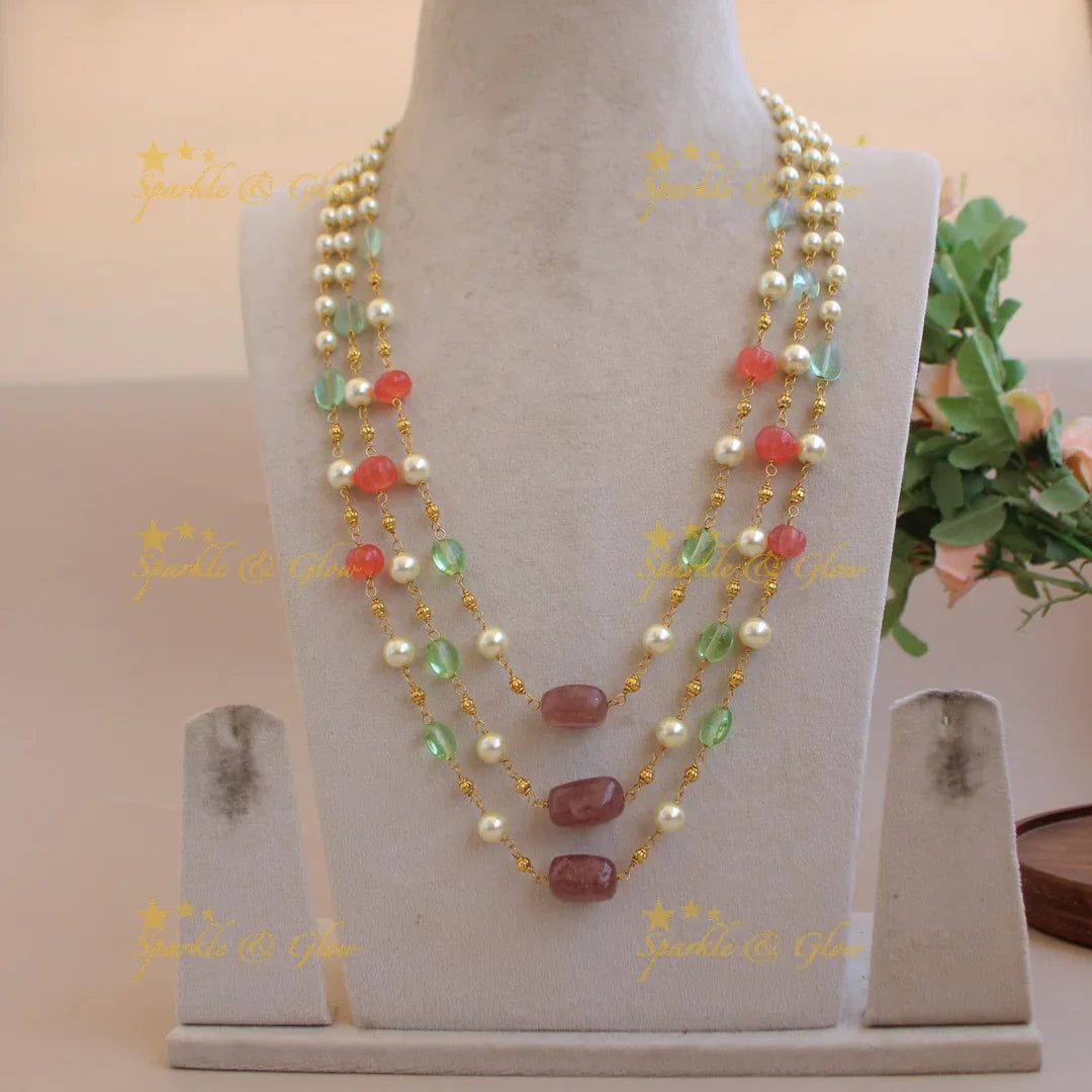 Grand Three layer pearl gold and multi colour beads haram with red pumpkin beads - Sparkle and Glow