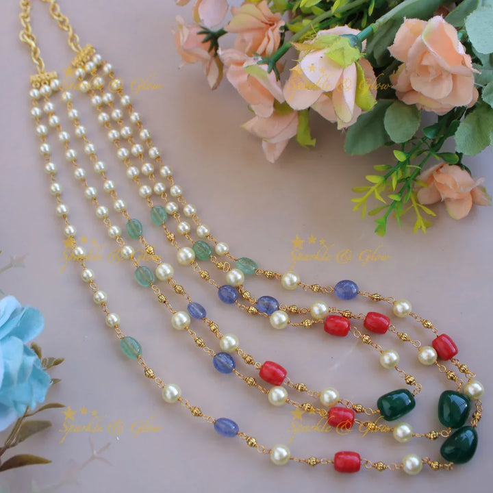 Gorgeous Three layer pearl and multi colour beads haram with gold beads - multi2 - Sparkle and Glow