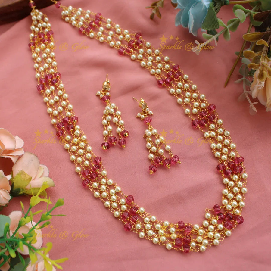 Beautiful Five layer pearl and pink beads haram - Sparkle and Glow