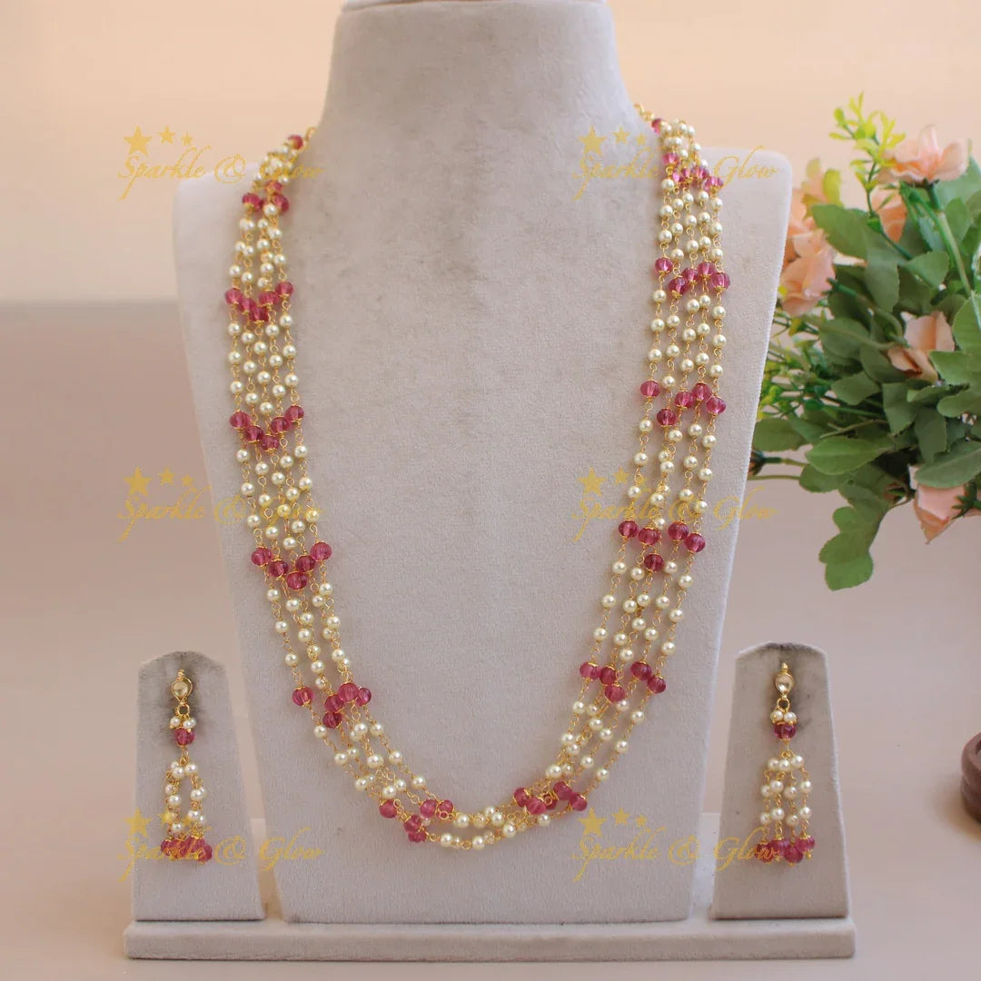 Beautiful Five layer pearl and pink beads haram - Sparkle and Glow