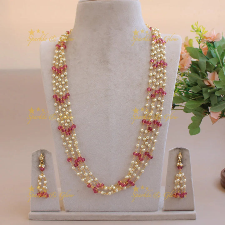 Beautiful Five layer pearl and pink beads haram - Sparkle and Glow