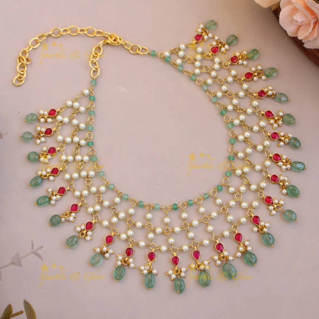 Beautiful layer pearl and mint green beads kundan short necklace - Sparkle and Glow
