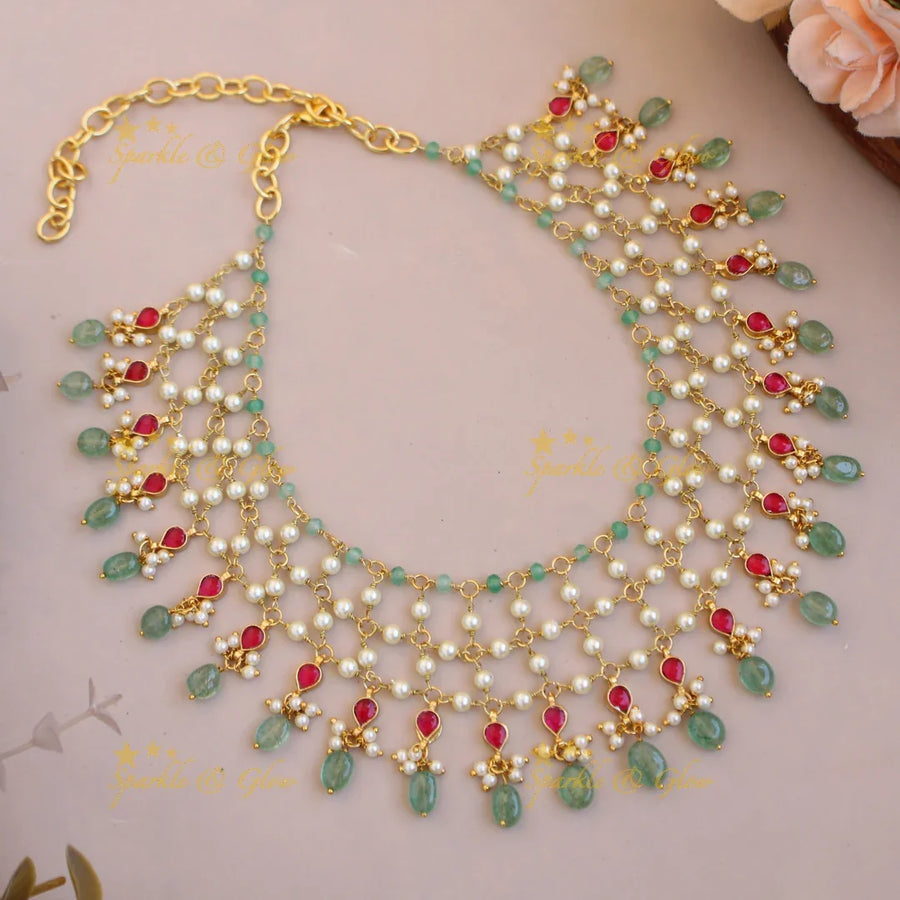 Beautiful layer pearl and mint green beads kundan short necklace - Sparkle and Glow