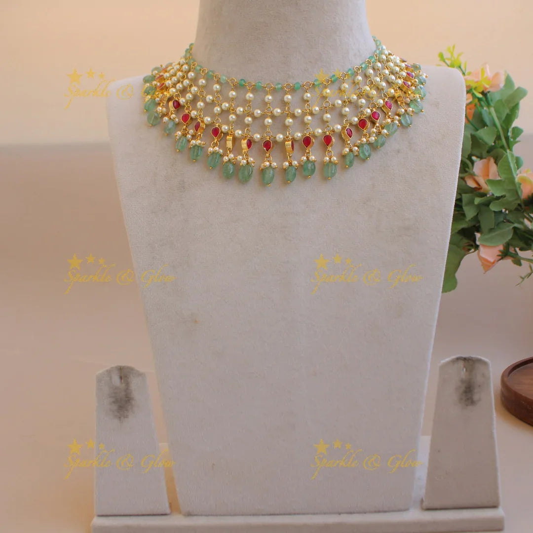 Beautiful layer pearl and mint green beads kundan short necklace - Sparkle and Glow