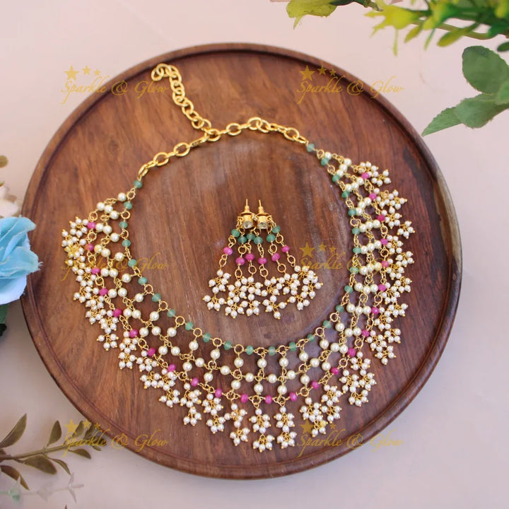 Elegant layer pearls pink and mint green beads gutta pusalu short necklace - Sparkle and Glow