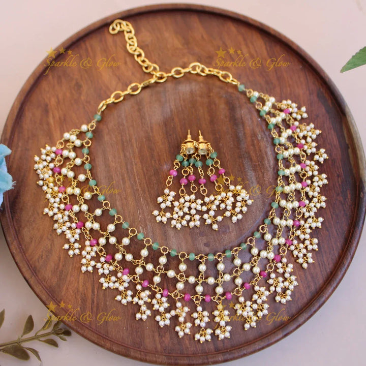 Elegant layer pearls pink and mint green beads gutta pusalu short necklace - Sparkle and Glow