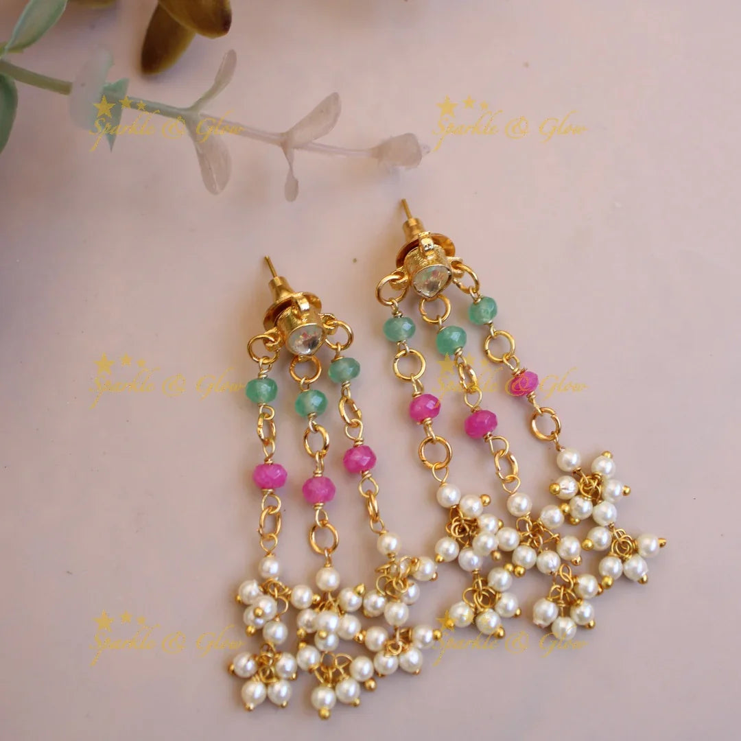 Elegant layer pearls pink and mint green beads gutta pusalu short necklace - Sparkle and Glow