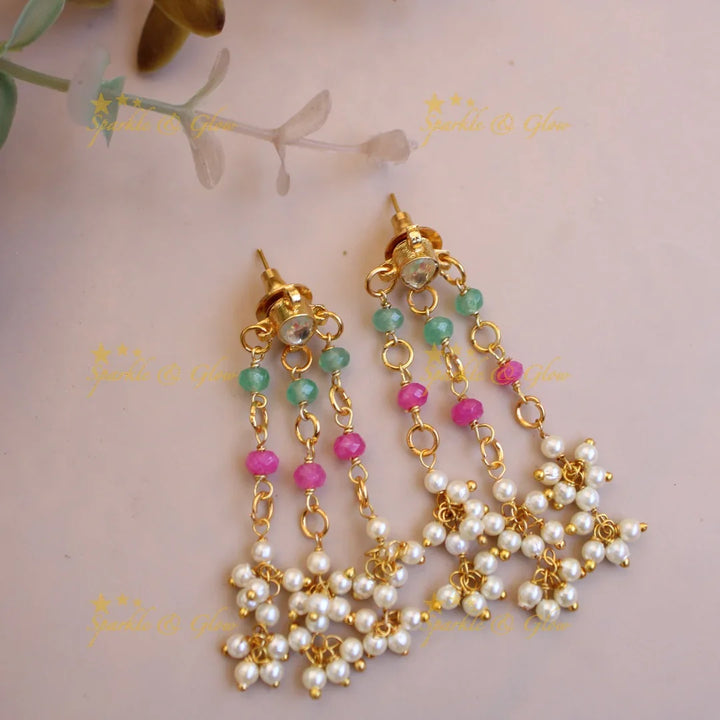 Elegant layer pearls pink and mint green beads gutta pusalu short necklace - Sparkle and Glow