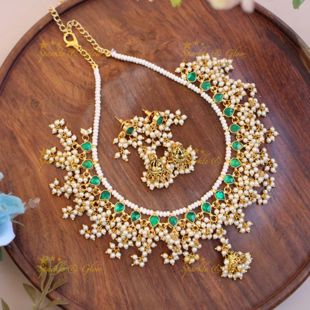 Stunning pearl and green kundan gutta pusalu short necklace - Sparkle and Glow