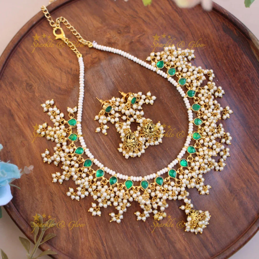Stunning pearl and green kundan gutta pusalu short necklace - Sparkle and Glow