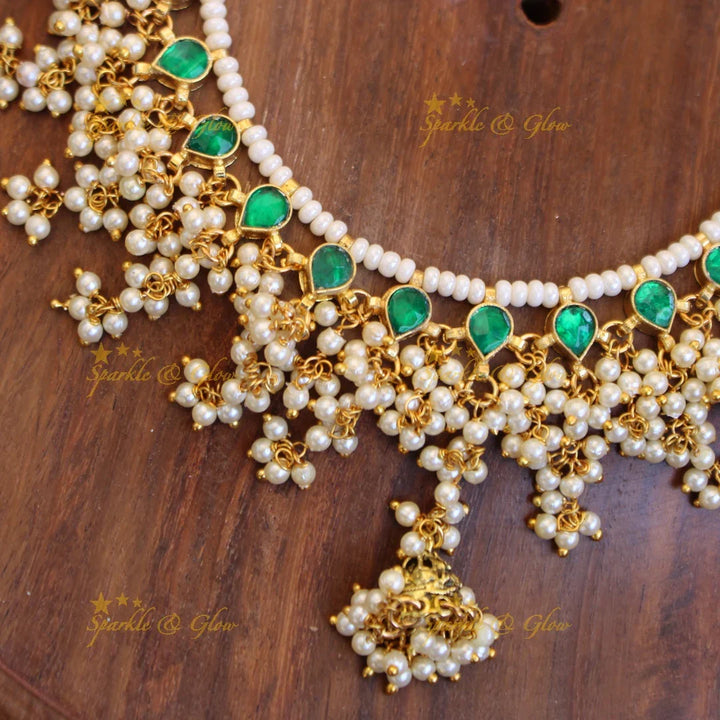 Stunning pearl and green kundan gutta pusalu short necklace - Sparkle and Glow