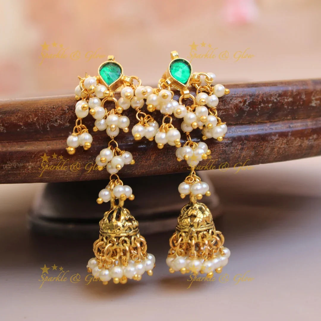 Stunning pearl and green kundan gutta pusalu short necklace - Sparkle and Glow