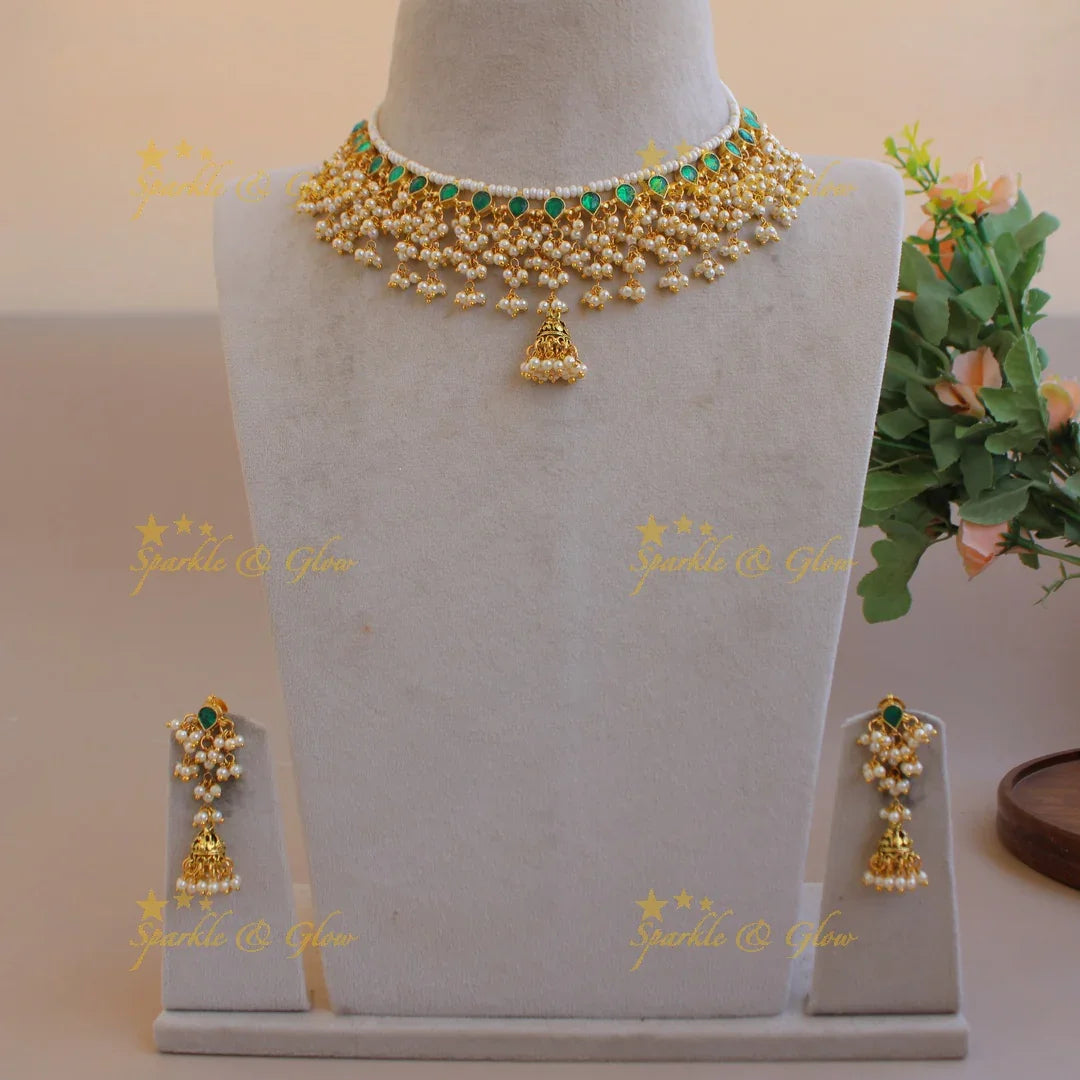 Stunning pearl and green kundan gutta pusalu short necklace - Sparkle and Glow