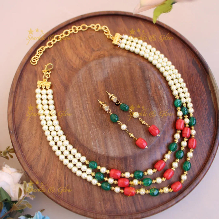 Gorgeous Three layer pearls Coral and green beads mid length haram - Sparkle and Glow