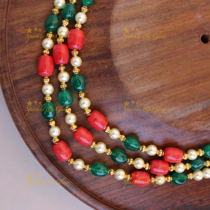 Gorgeous Three layer pearls Coral and green beads mid length haram - Sparkle and Glow