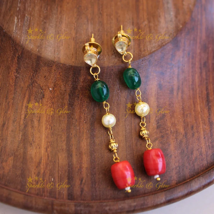 Gorgeous Three layer pearls Coral and green beads mid length haram - Sparkle and Glow